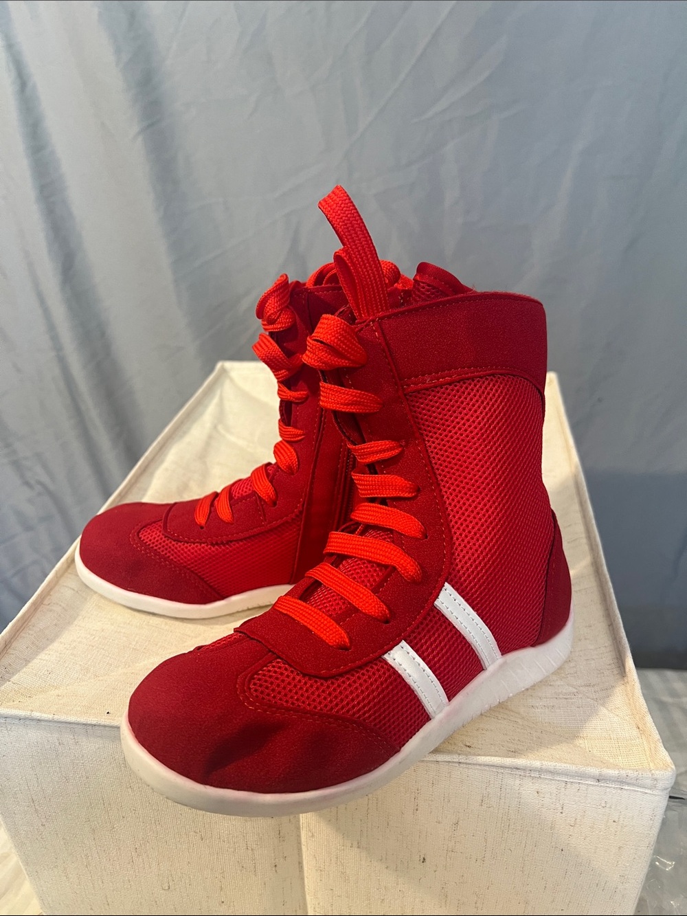 SHEIN Red High-Top Lace-Up Sneakers with White Stripes
